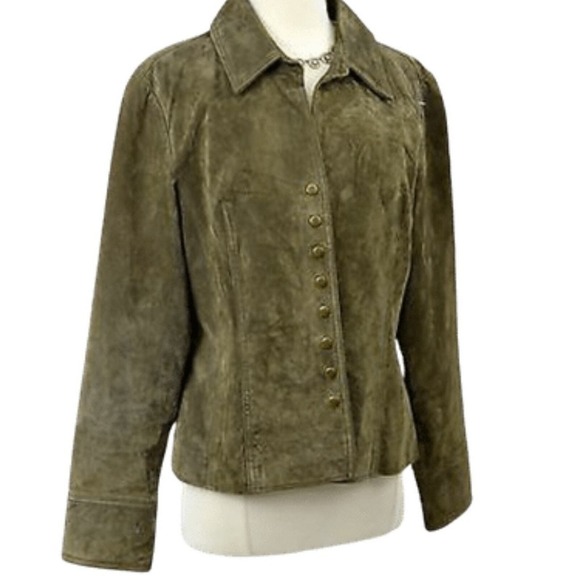 Vintage Coldwater Creek Olive Suede Button Up Jacket Womens Casual Blazer Style - Picture 3 of 8